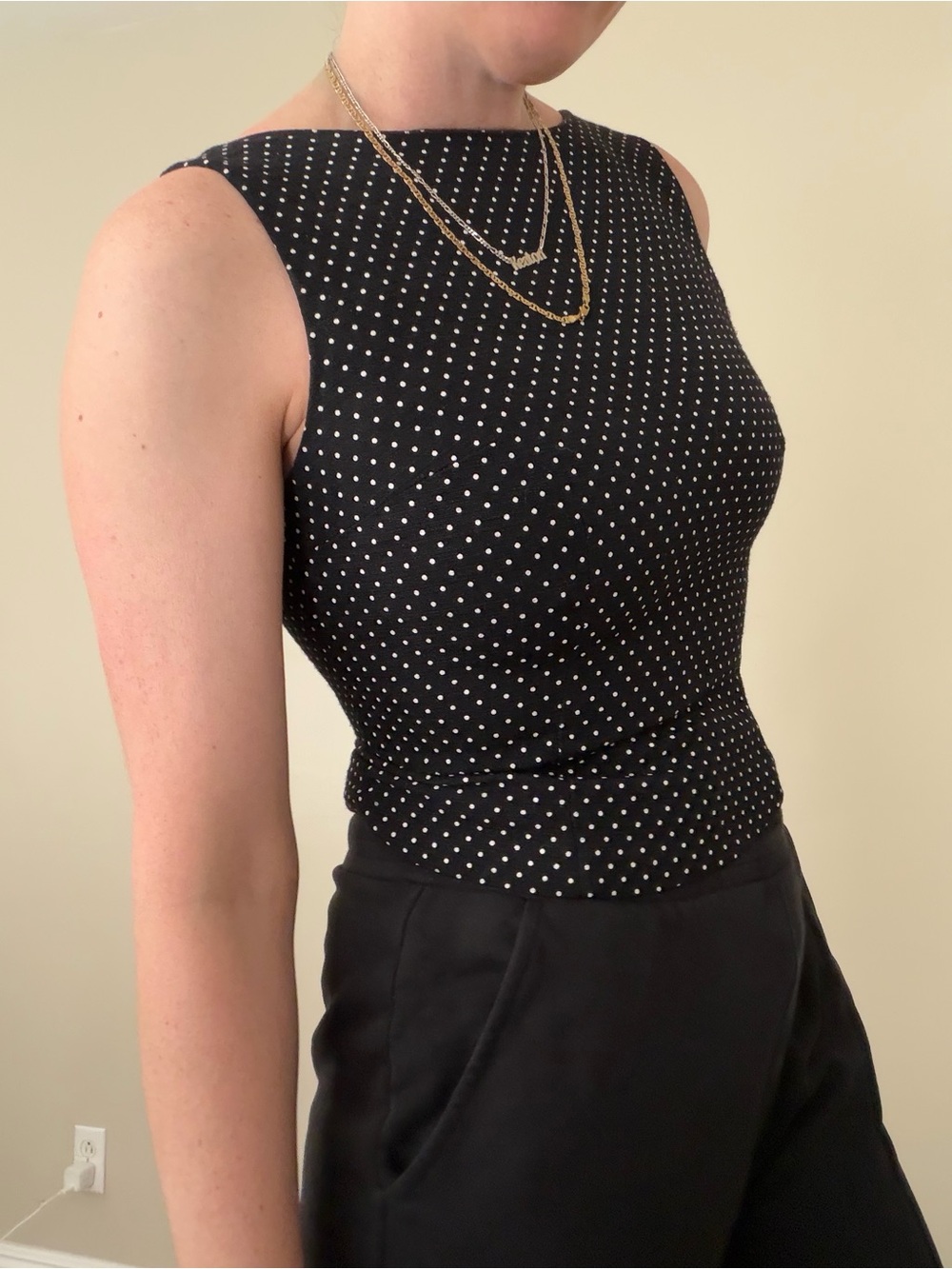 Vintage Boat Neck Polka Dot Tank Top with White Dots